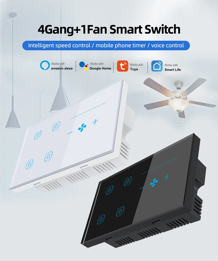 For Tuya Intelligent WiFi Wall Switch 4Gang Lighting Fan Control with Alexa Voice APP Timed Features Max Current 10A Smart Life