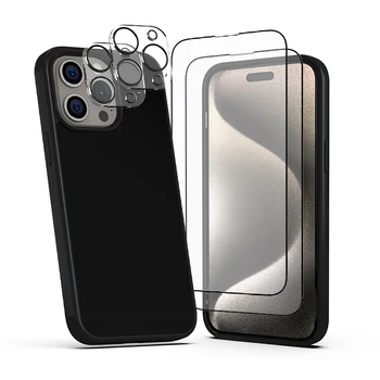 5 in 1 Silicone phone Case set with 2X Tempered Glass Screen Protector + 2X Camera Lens Protector Phone Case