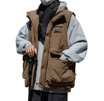 Custom Vintage Large Pockets Down Cargo Puffer Vest Waistcoat Jacket Casual Stand Collar Khaki Windbreak Men's Vest Jacket