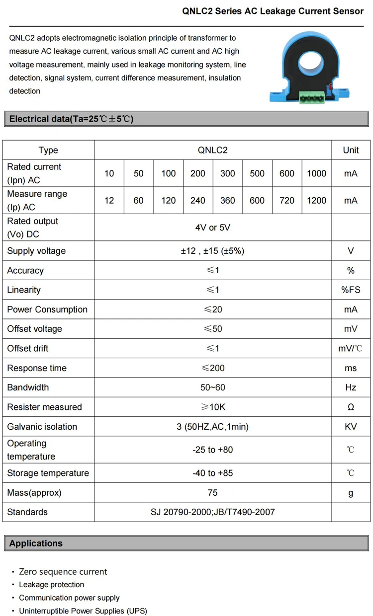 AC Leakage Current Transducer QNLC2 50mA 100mA 300mA 500mA 600mA 5V 4V Residue Current Sensor Surplus Transforme Ct zero Phase