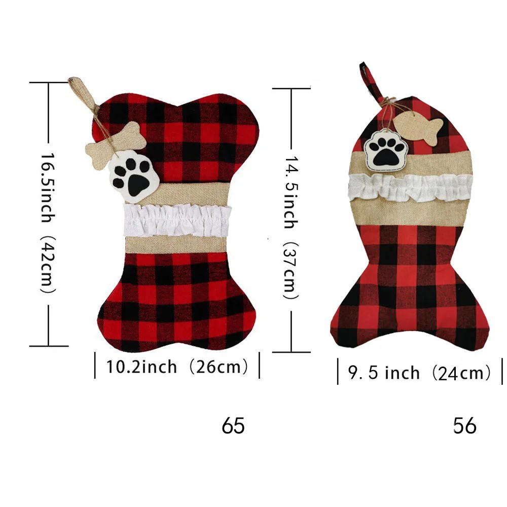 Calza Di Natale Per Animali Domestici A Forma Di Zampa, 45,7 Cm, In Tessuto Felpato Con Bordo Quadri E Targhette Osso, Per Cani E Gatti - 3