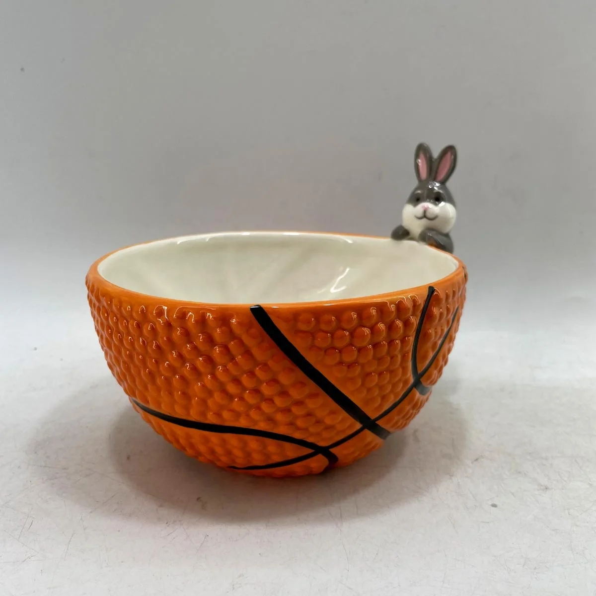 Hand Painted Ceramic Basketball Shaped Candy Bowl with Rabbit Handle