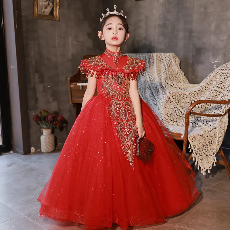 Yis Girl Red Sequin Tutu Party Wedding Dress Luxury Girl Long Piano  Birthday Princess Evening Dress