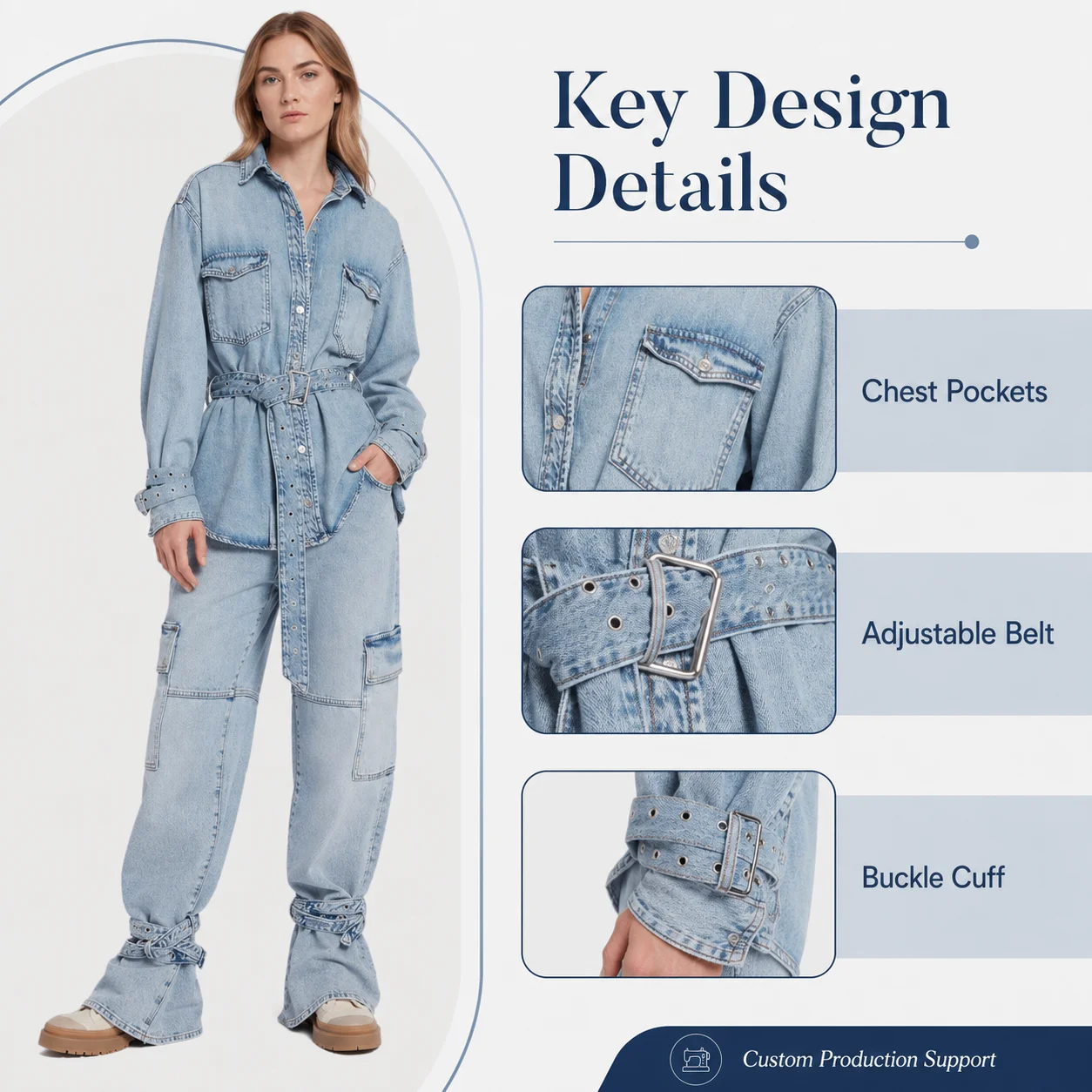 Wholesale New Fashion Casual Style Oversize Loose Breathable 100% Cotton Light Wash Long-Sleeve Comfortable Belted Women's Denim