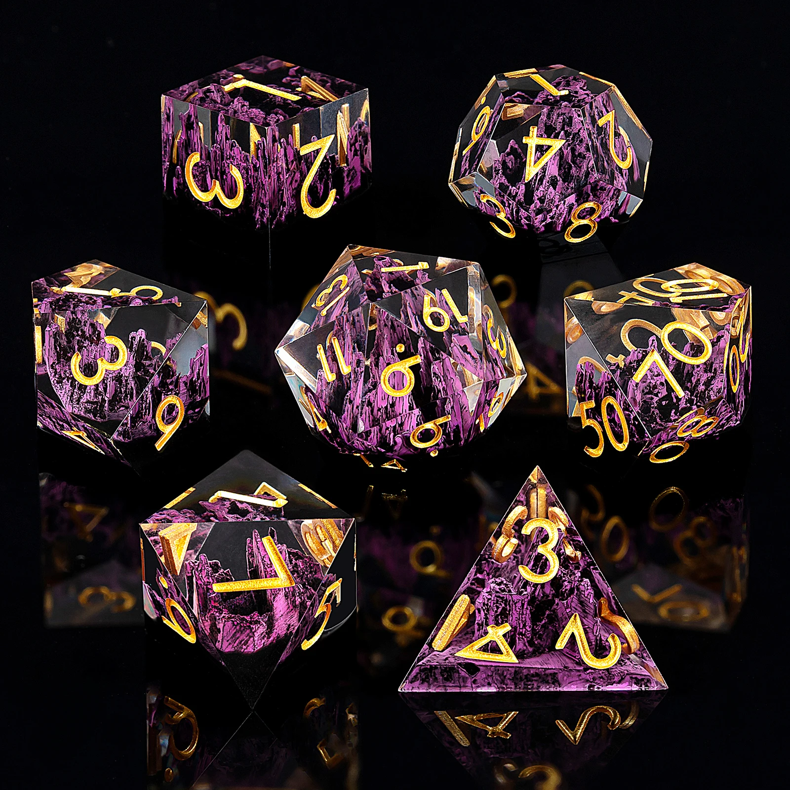 Wholesale Purple Clear Resin Sharp Edge Dice Set Custom Polyhedral Shape for Dnd Role-Playing Game with Mountain Design manufacture