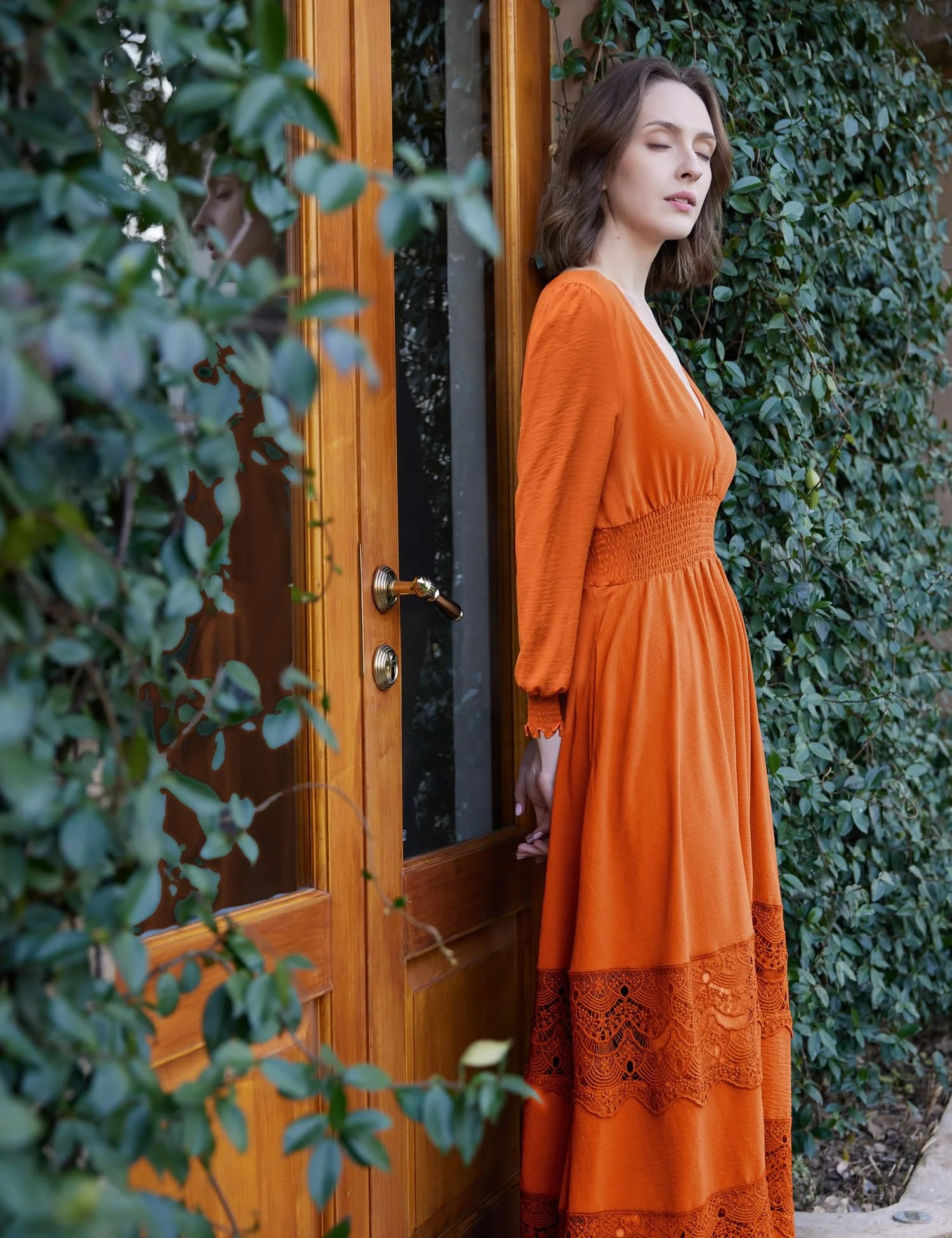 2025 V Neck Smocked Waist Lace Boho Dress - Elegant Long Sleeve