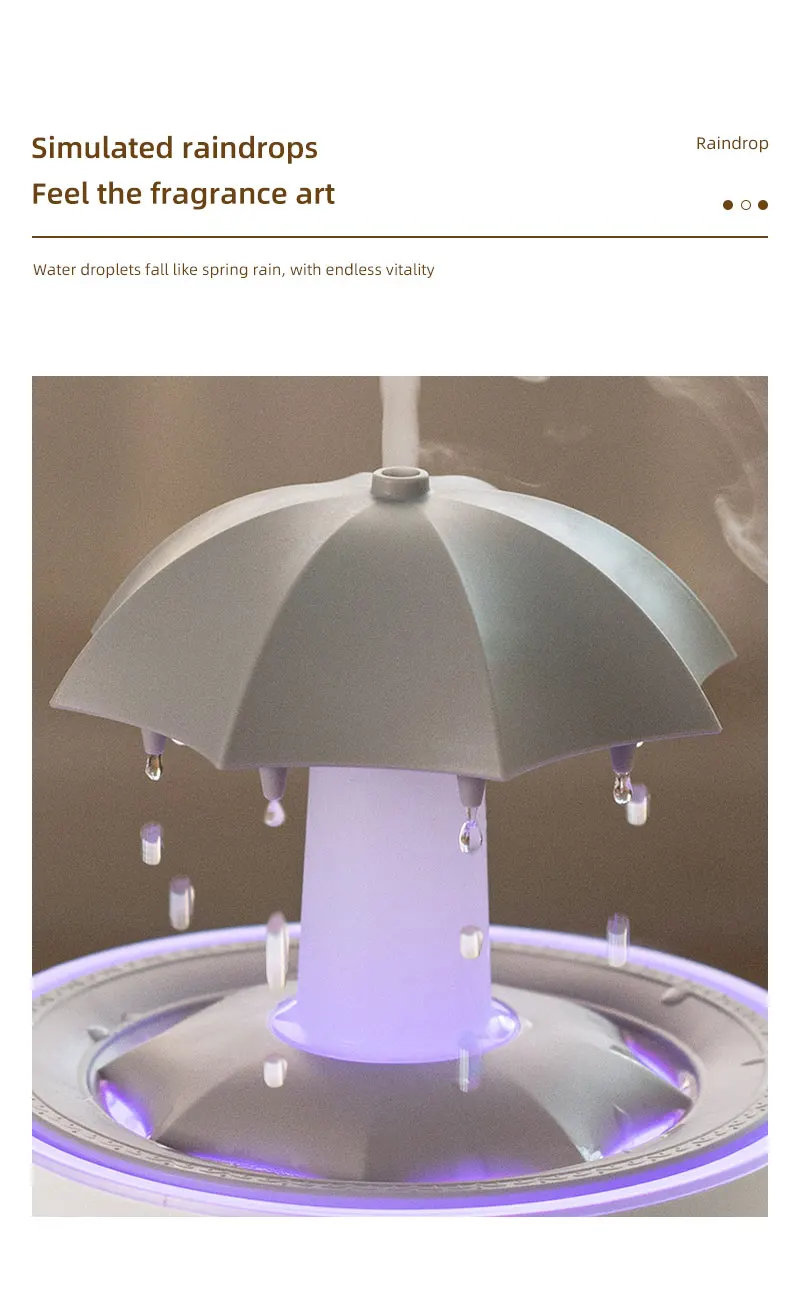 Seven Color Lighting Rotating Aroma Diffuser Essential Oil Aromatherapy Raindrop Air Humidifier with Umbrella for Household