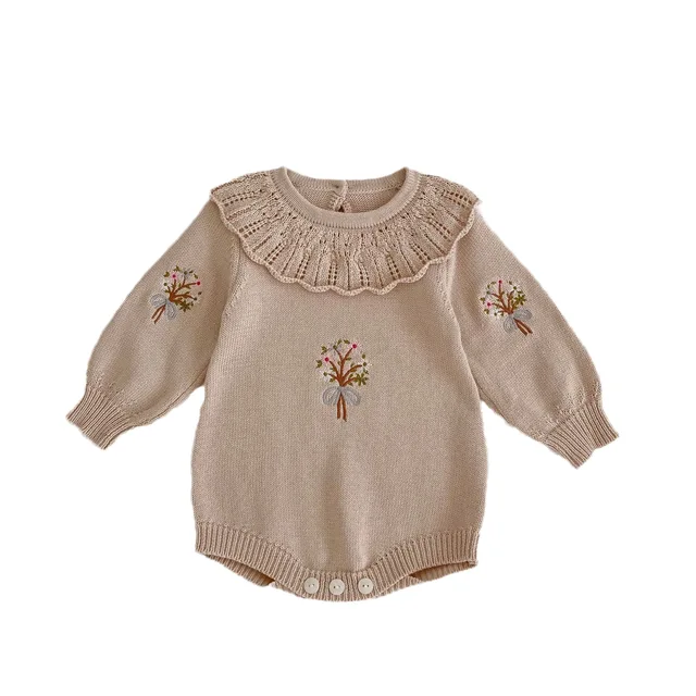 Ins New Spring Style Ruffle Collar Embroidery Long Sleeve Knit Baby Girl Romper