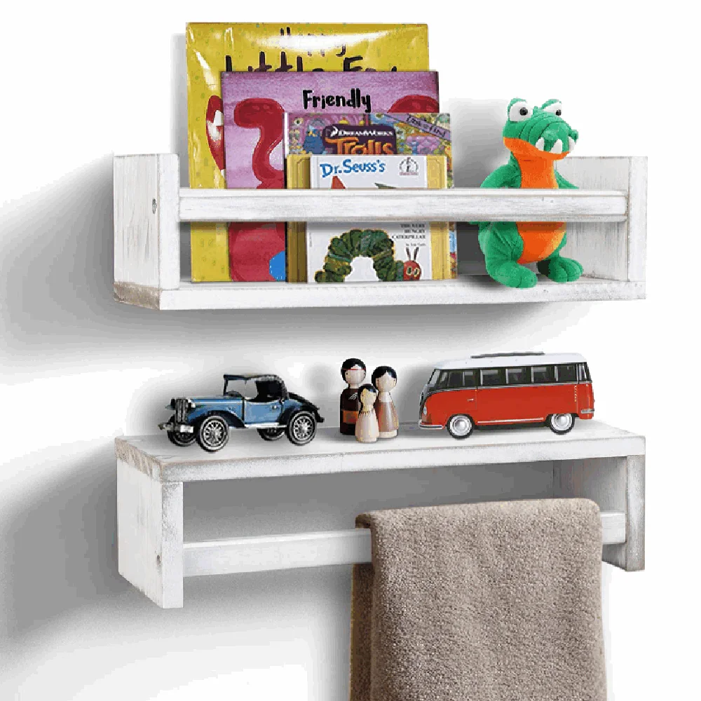 Set of 2 rustic white baby nursery display kitchen spice rack hot selling wood floating wall shelves book shelf
