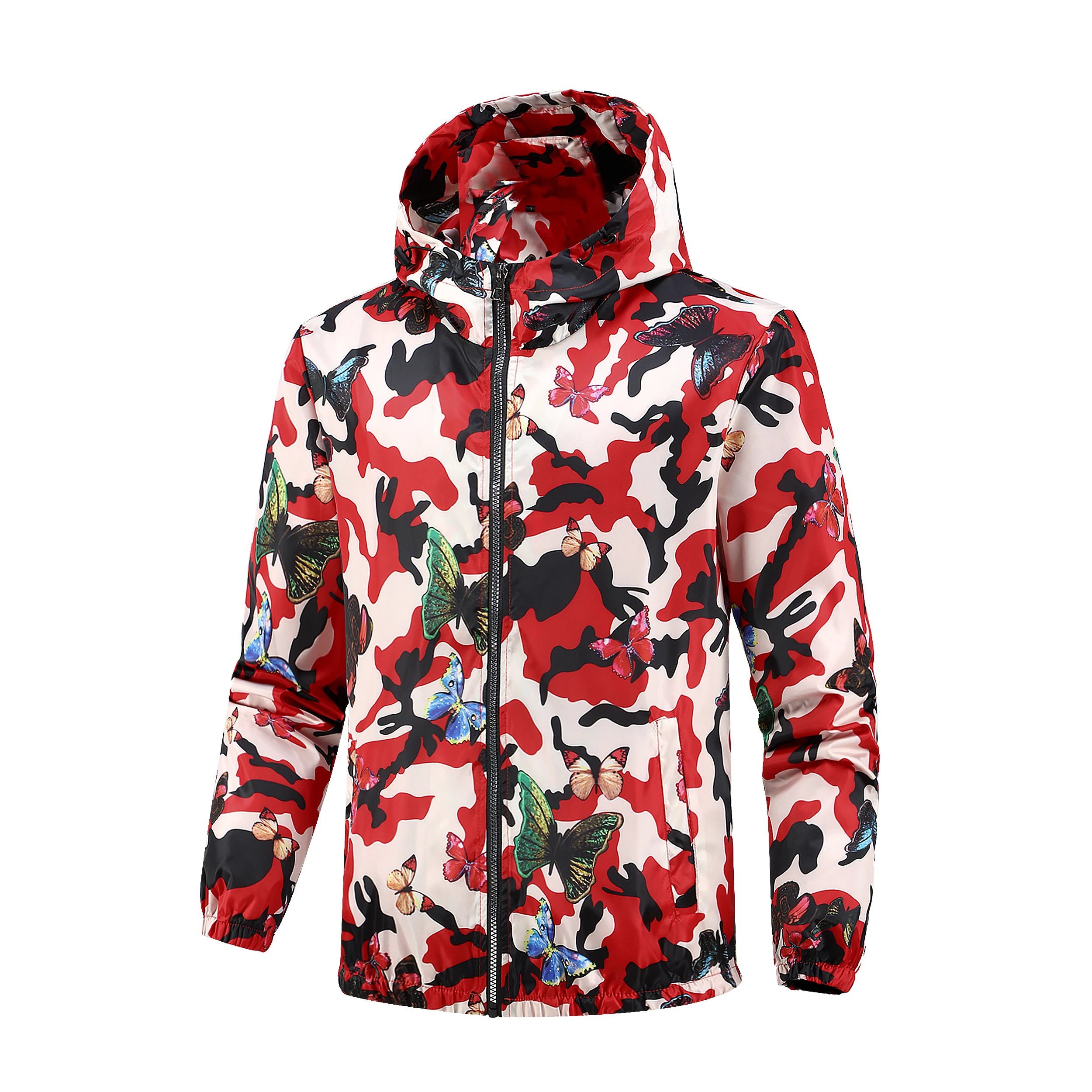 Stylish butterfly pattern camouflage print hooded jacket with zip-up design, casual and lightweight trench coat, suitable for everyday street wear.