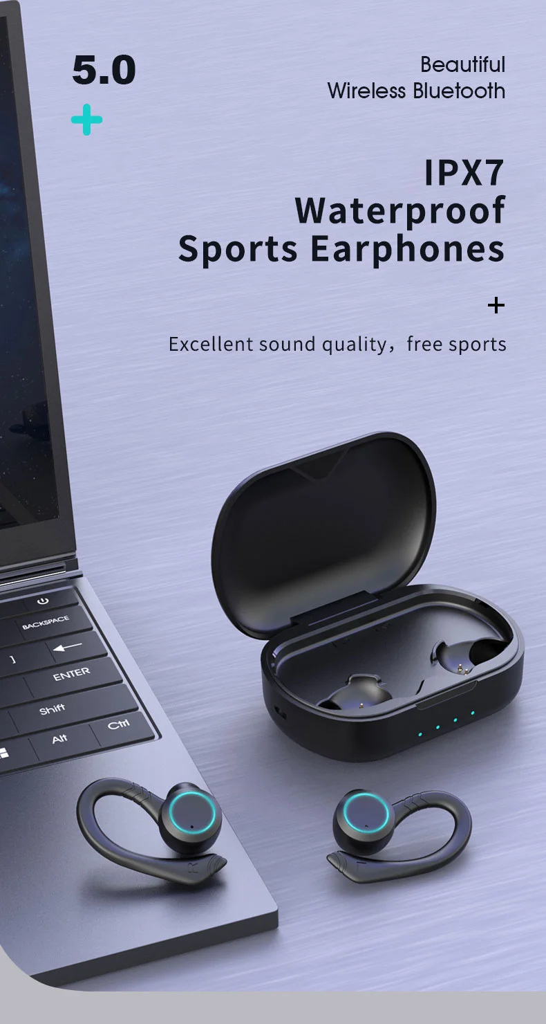 Wireless Earbuds Wireless Headphones Charging Case Sports Ear buds with Earhook Deep Bass IPX7 Waterproof Over-Ear Earphones