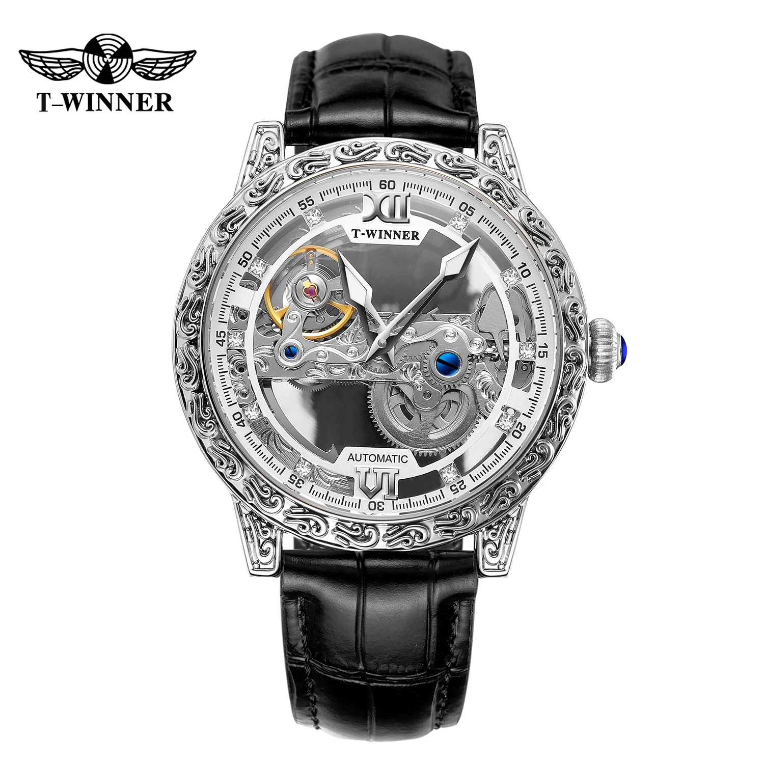Winner Brand Gold Transparent Wrist Watches Luxury Man Reloj Montre Leather Skeleton Custom Mechanical Automatic Watch for Men