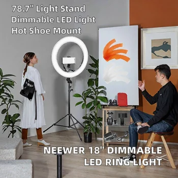 For 18" SMD LED Ring Light Kit Aluminum Alloy 78.7-inch Light Support Hot Shoe Phone Holder for Photo/Video (No Carrying Bag) detail image