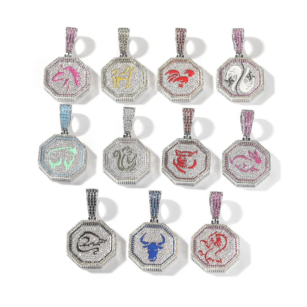 Hip Hop Bling Iced Out 12 Zodiac Cartoon Anime Pendant Zircon Full Diamond Pendant Charm Necklace