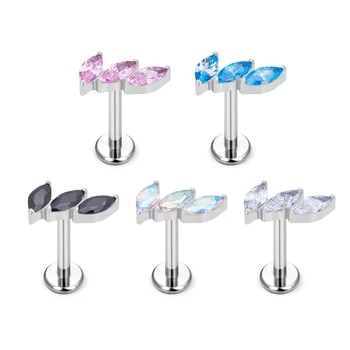 G23/ASTM F136 Titanium 3 CZ Blaze Set Tops Ear Stud Colorful crystal Stone Nose Piercing Hot Labret Lip Stud Piercing Jewelry