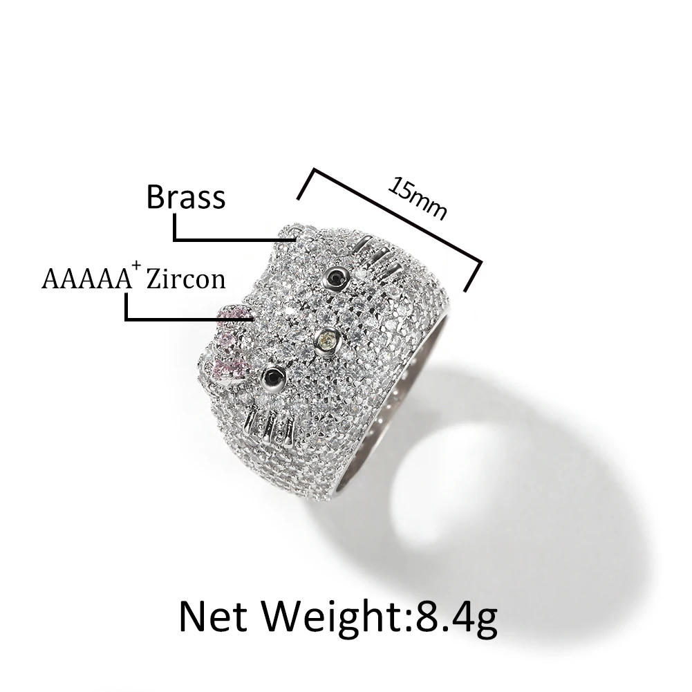 Sanrio Cartoon HK Cat Rings with Cat Face Ring Women 18K Gold Plated Iced Out 5A CZ Y2K aperçu 3