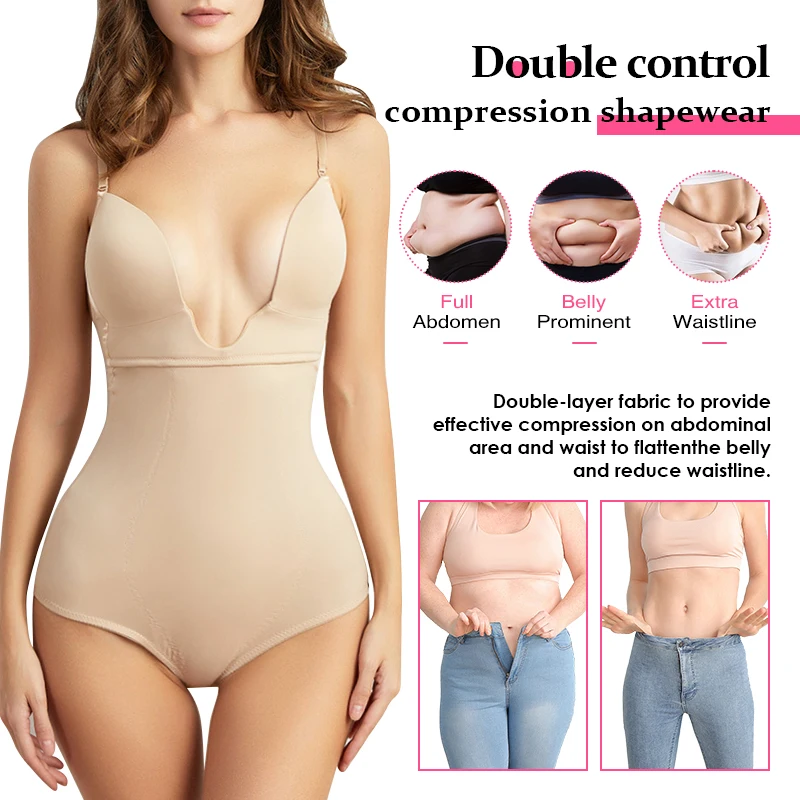 Halft Back Body Shaper with Built-in Bra Shapewear One Pieces Breathable Body Shaper Deep V-Neck Bodysuit