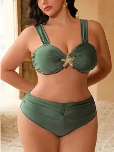 Swim 2026 Elegant Resort Wear Beach Party Solid Color Spaghetti Strap Women Summer Vacation Swimsuit Set Plus Size