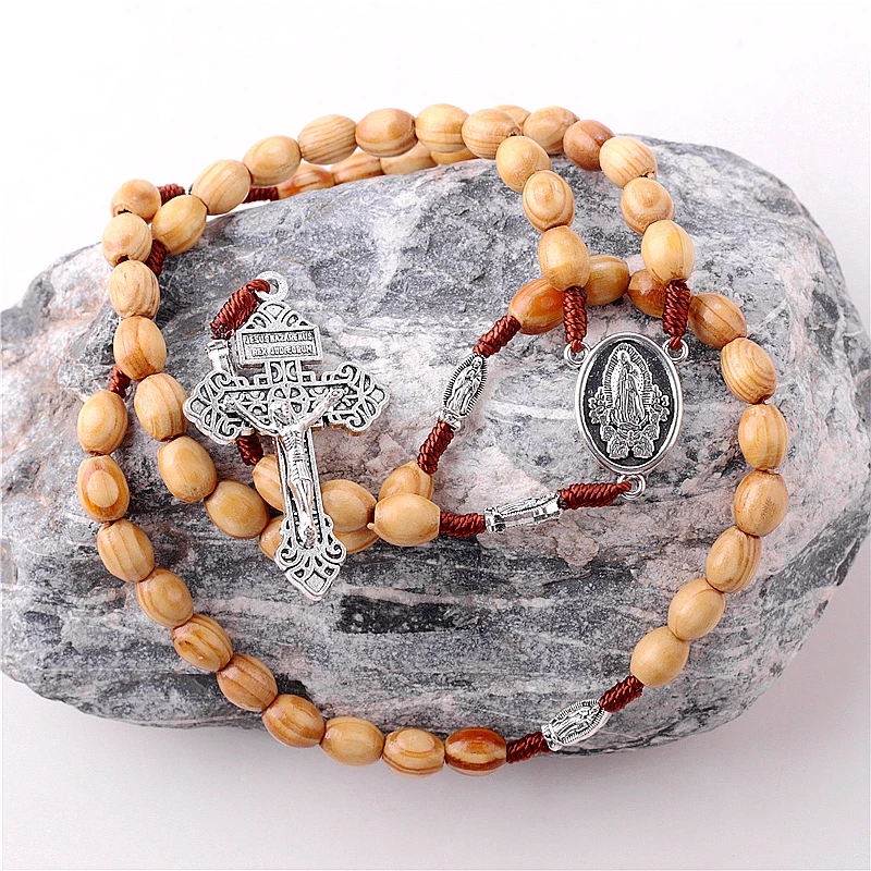 Woven Catholic Religious Items Guadalupe Rosary 8*10mm Light Brown Wooden Beads Knot Necklace