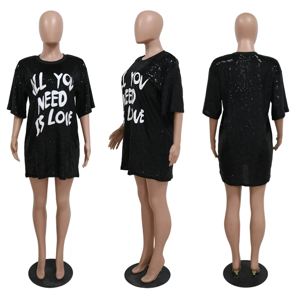 slim fit dress slacks Black Sequin Crew Neck T-shirt Dress main image 0