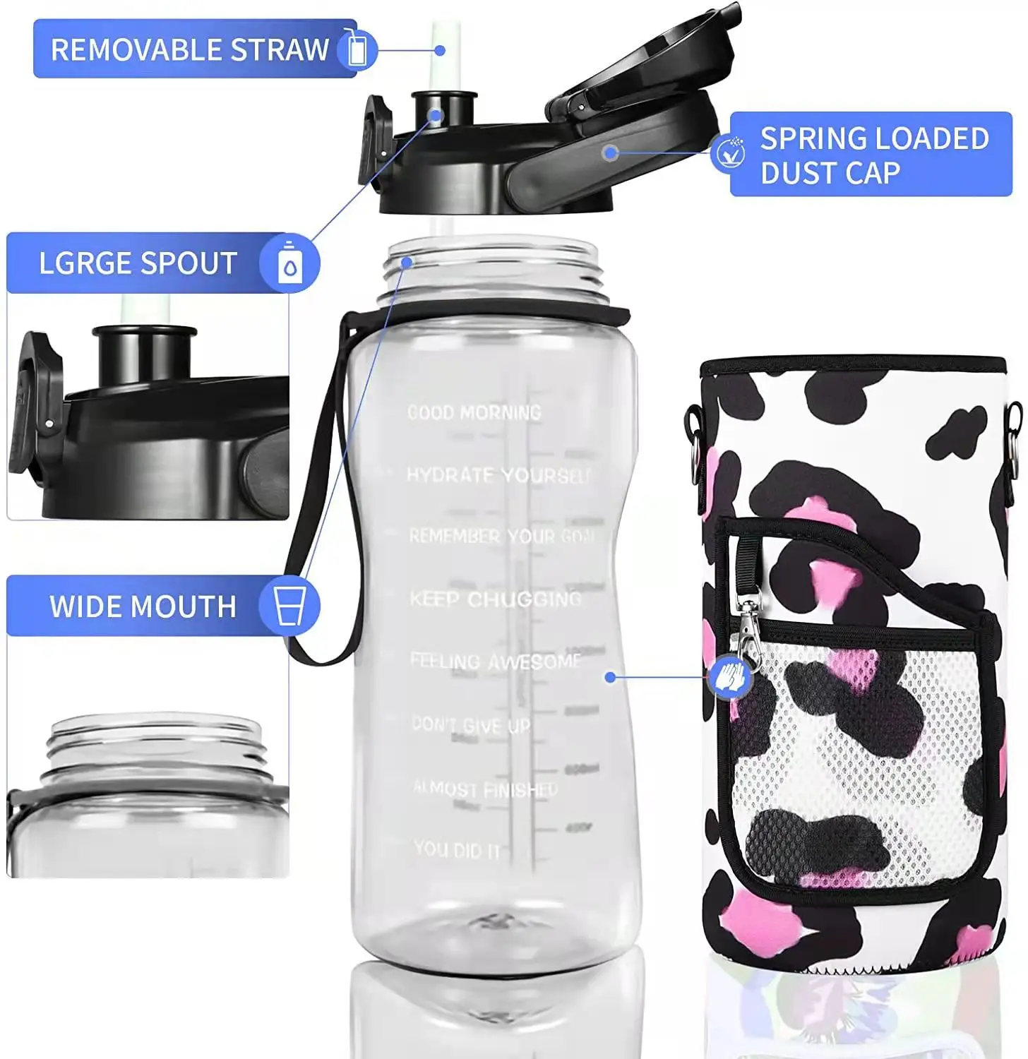 2l Portable Handfree Tritan Bottle Motivational Time Marker Jug Fitness 