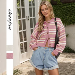 Knitted Cardigan Button Striped Women's Jacket Fashion Sweater Coat