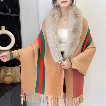 2025 New Autumn Winter Women's Warm Knitted Shawl Collar Tassel Sleeved Cape Style Blended Jacquard Traditional Scarf Wholesale