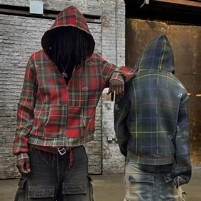 Salati Wholesale Custom Zip up Jacket Heavyweight Cotton Acid Wash Distressed Waffle Knit Plaid Flannel Hoodie for Men