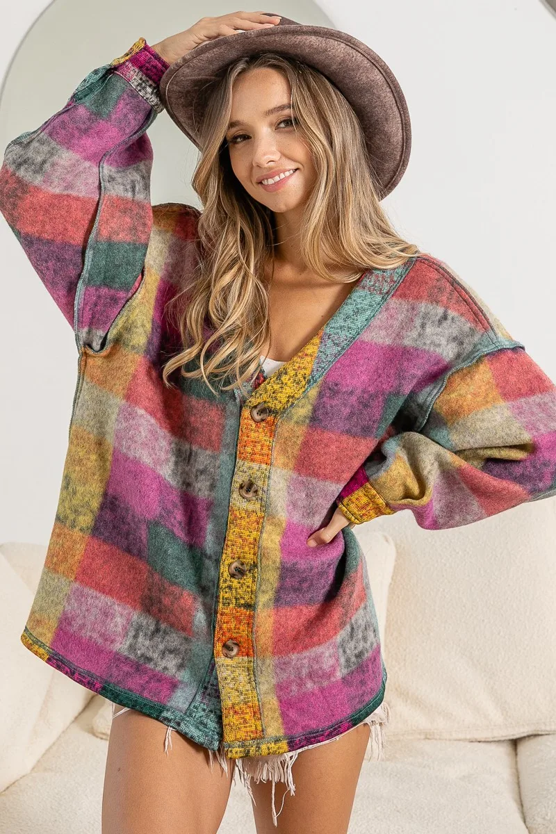Personalised Women's Shacket Long Sleeve Button Plaid Coat_voghion.com