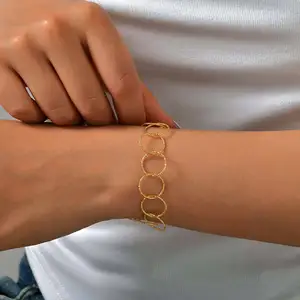 Simple Classic Big Interlocking Circle Bracelet 18k Gold Plated Stainless Steel Link Chain Punk Necklace