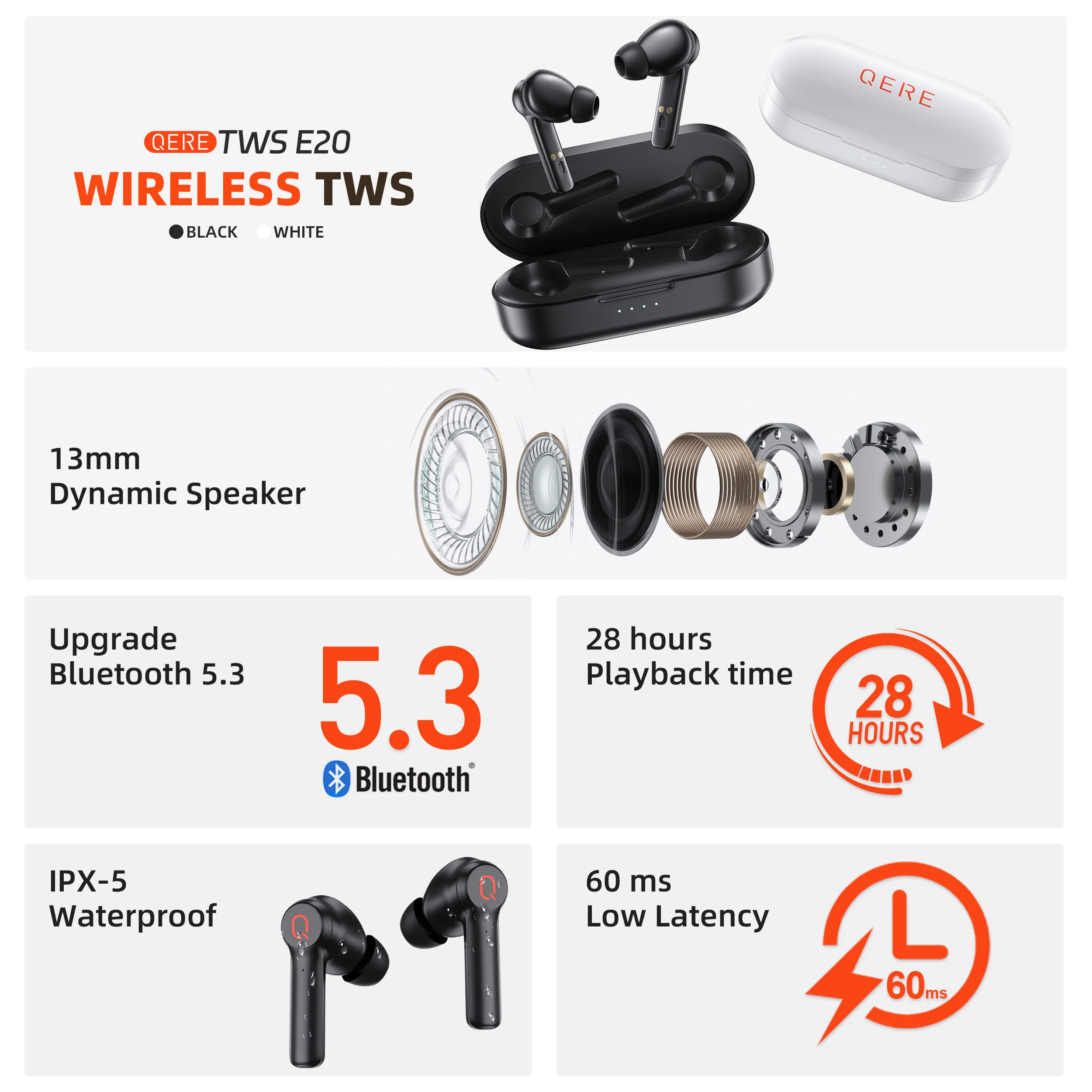 QERE E20 TWS True Stereo Waterproof in Ear Headset Wireless Headphones  Wireless Earphones Earbud