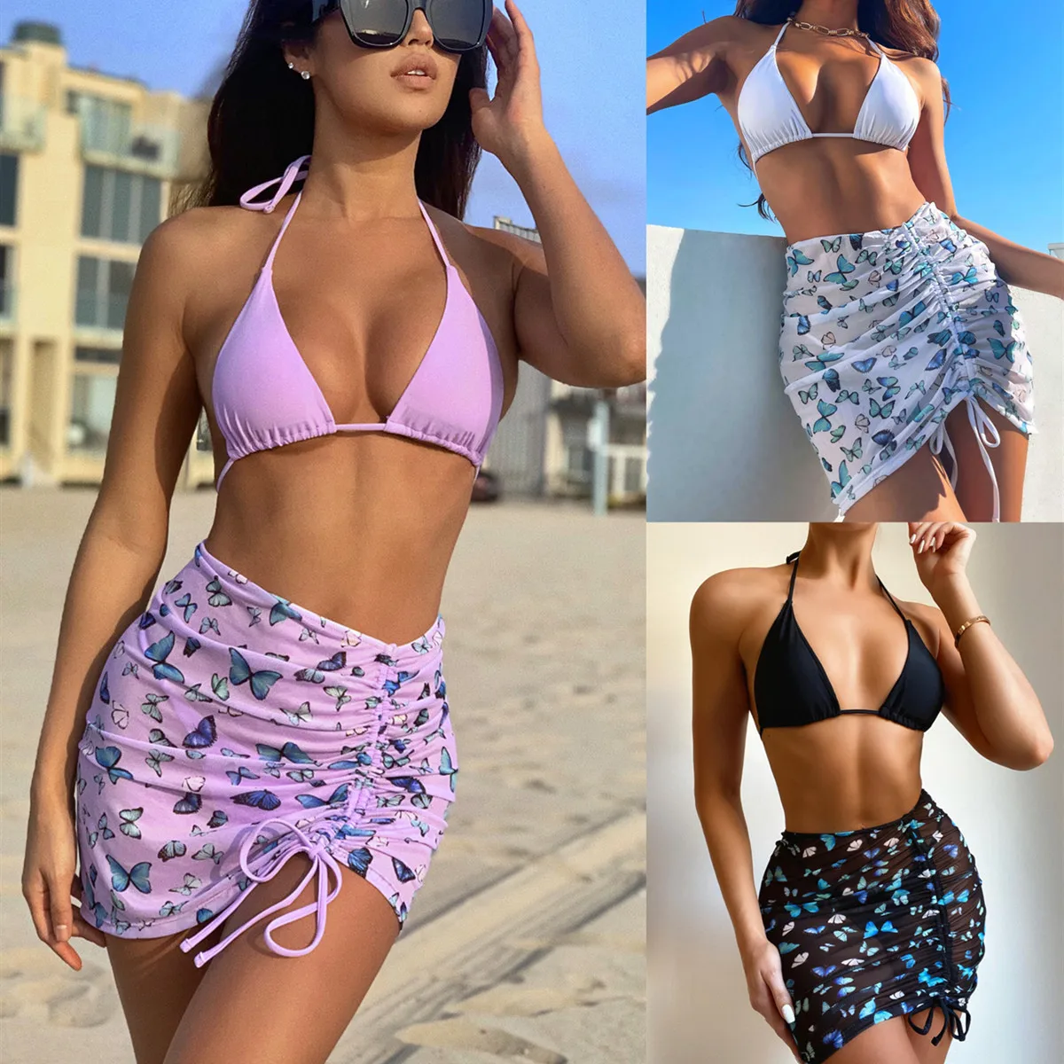 Sexy String 3 Piece Bikini Set With Cover up Luxury Trendy Bathing Suits New Crinkle Swimwear