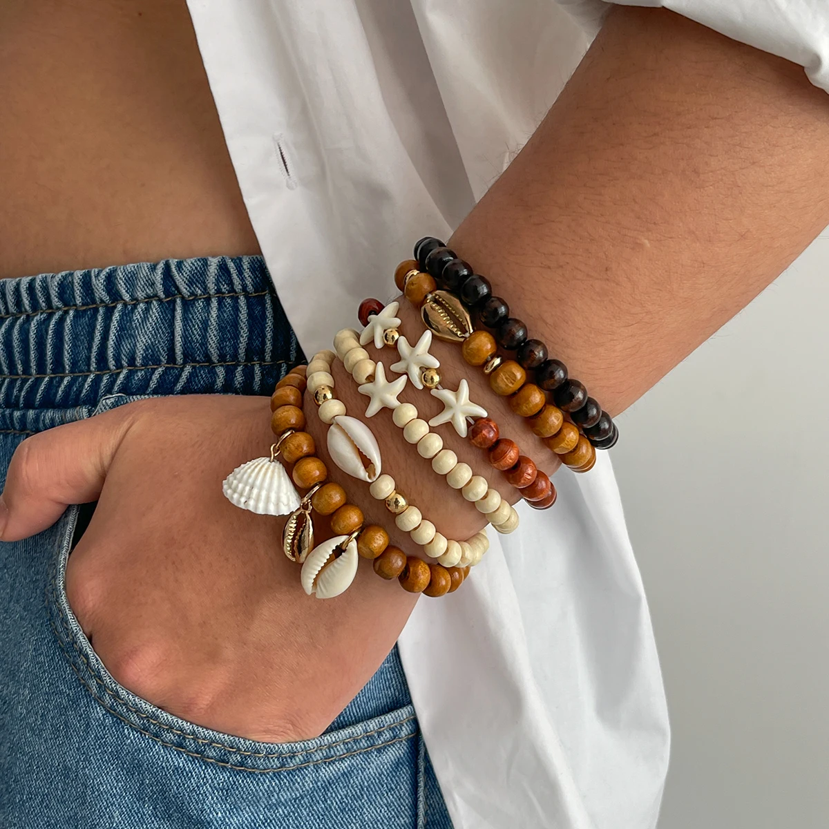 Boho Conch/Starfish Pendants Colorful Wood Beaded Bracelet Set for