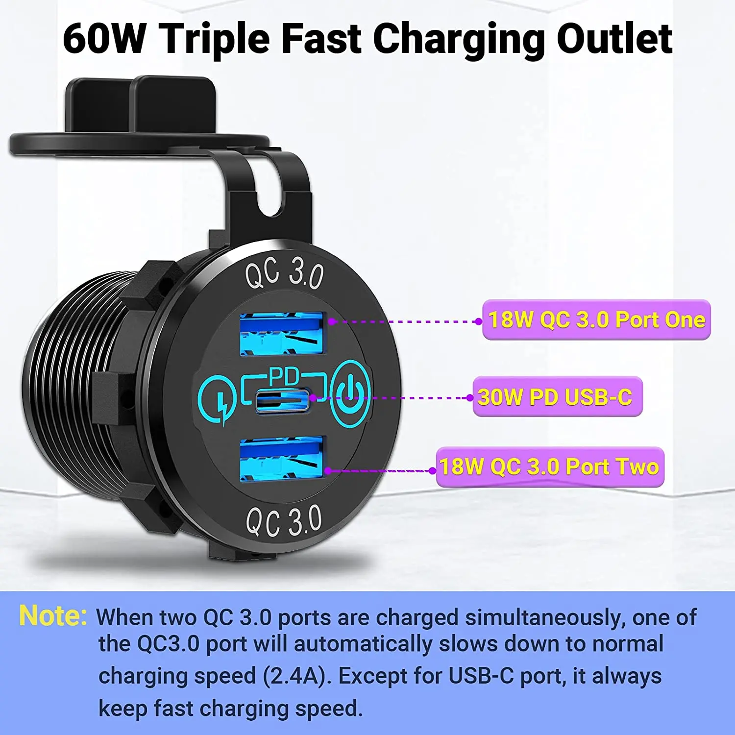 Caricabatterie per auto USB C 12V/24V QC 3.0 64W Doppia presa impermeabile con voltmetro a LED per auto, moto, barca Caricabatterie per auto USB C 12V/24V QC 3.0 64W Doppia presa impermeabile con voltmetro a LED per auto, moto, barca