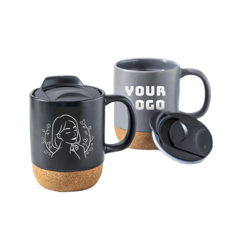 Custom Nordic Matte Black Glaze Cork Base Ceramic Wooden Insulated Cork Bottom Lid Customizable Coffee Mug