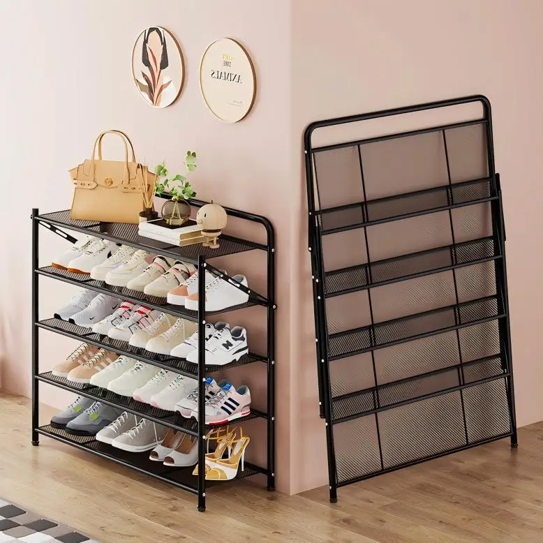 Wholesale 5-Layer Metal Grid Foldable Shoe Rack Stand Rust-proof Folding Shoe Organizer for Entryway Closet Use