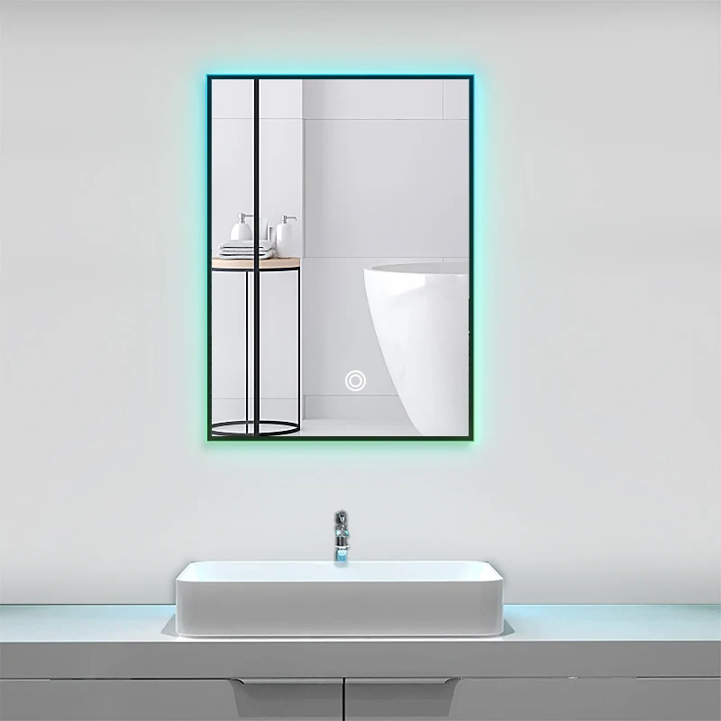 Smart Touch Screen Vanity  Wall Mounted Makeup Cosmetic Mirror Rectangle Led Bathroom Mirror with RGB Light