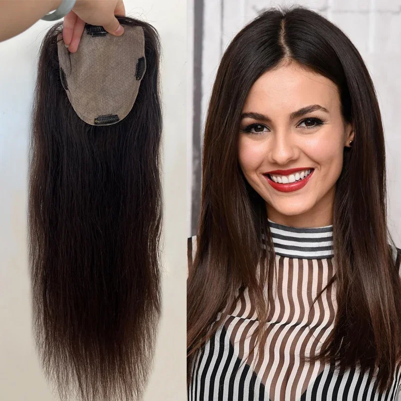 Topper in seta con base in capelli umani castano scuro da 22 pollici per le donne_voghion.com