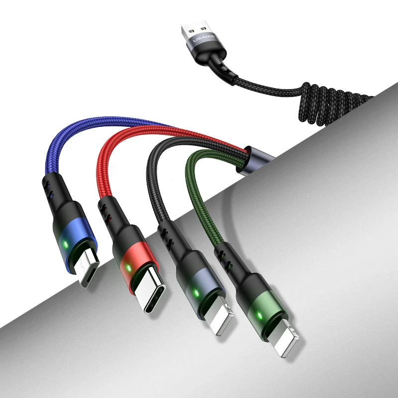 USAMS оптовая продажа US-SJ349 из алюминиевого сплава 2А 4в1 пружинный Плетеный usb-кабель для зарядки 1,5 м