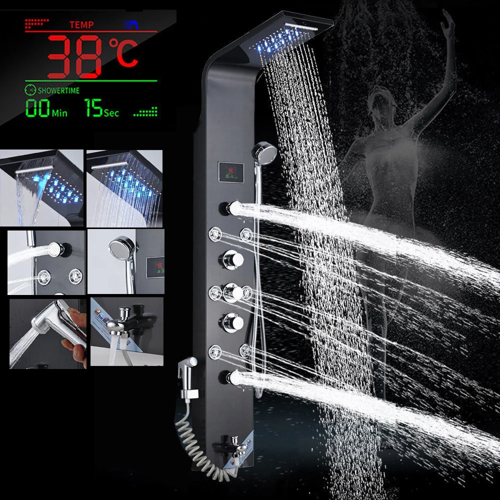 LED Light Shower Faucet Waterfall Rain Black Shower Panel in Wall Shower System with Spa Massage Sprayer Bidet Head Handshower