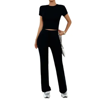 2024 Women's Spring and Summer Style Solid Color Round Neck Leisure casual Fashion short sleeve long pant Set