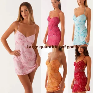 LYG  New Design  European American Women's Party A-Line Dress Summer Sexy Backless Strap with Sequin Embroidery