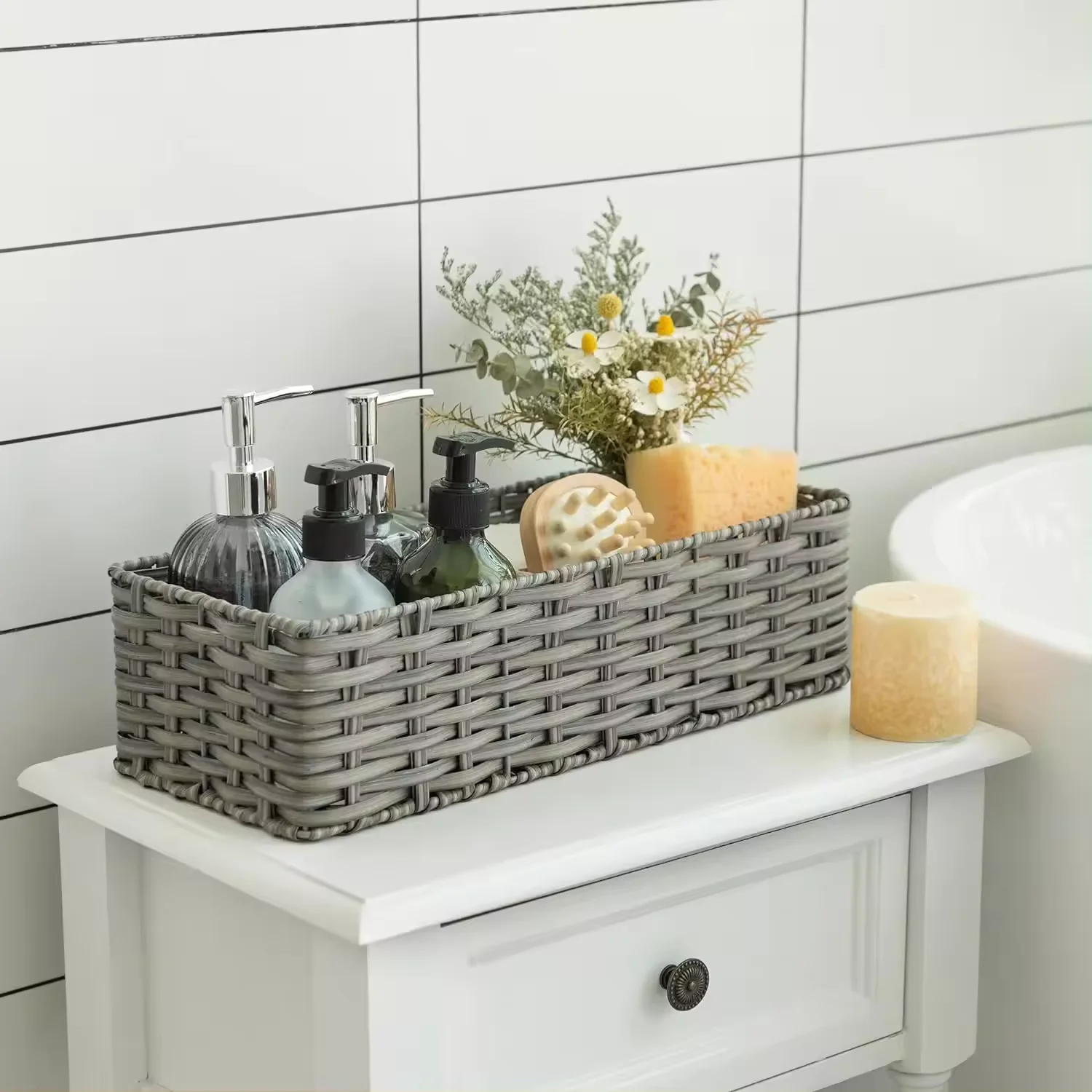 Bathroom Storage Basket with Partition Inside Shelf Wicker 2 Pieces of Toilet Back Basket That Can Be Used for Bathroom Storage