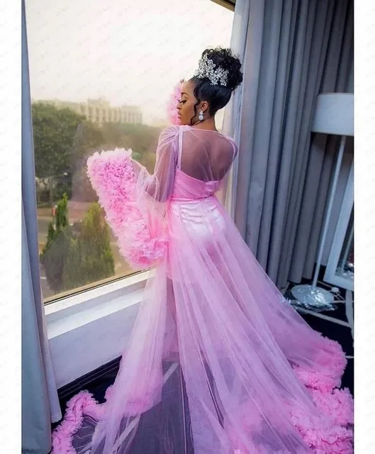 Pink Wedding African Bridal Shower Dresses With Lace Up Back And V-neck Floor-length Polyester Robes For Brides Mw634 Pink Wedding African Bridal Shower Dresses With Lace Up Back And V-neck Floor-length Polyester Robes For Brides Mw634