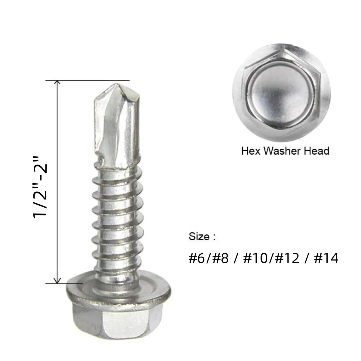 #8 / #10 / #14 Stainless Hex Washer Head Self Drilling Sheet Metal Tek Screws with Drill Point 1/2'' to 2'' Size