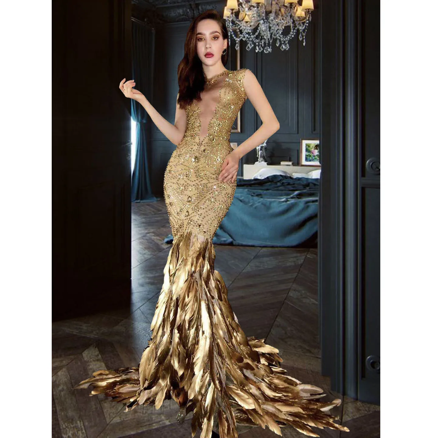 Women Singer Stage Show Gold Feather Dresses - Elegant Prom Wear