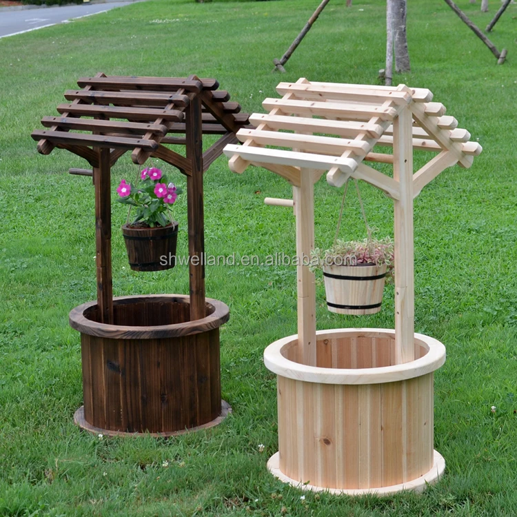 Wooden Wishing Well Planter with Small Hanging Barrel