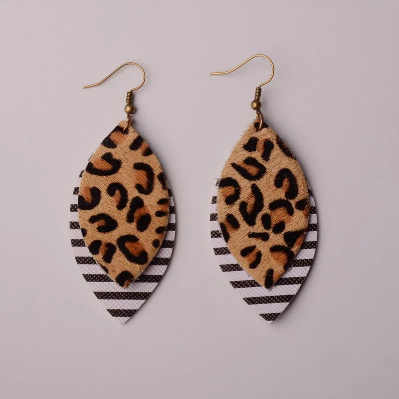 Earrings ~ Tear Drop ~ Faux Leather ~ Two Layer ~ Black and Leopard Earring ~ Leopard