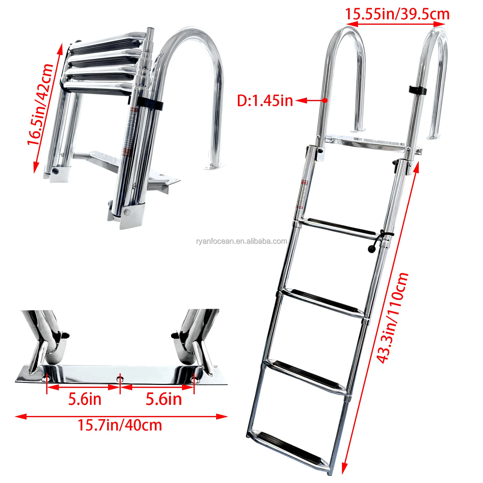 4 Steps Pontoon Boat Ladder Stainless Steel Folding Telescoping Inboard ...