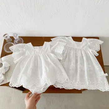 Baby girl summer dress Western style flounced sleeve one-piece Baby's cotton lace romper sisters outfit skirt